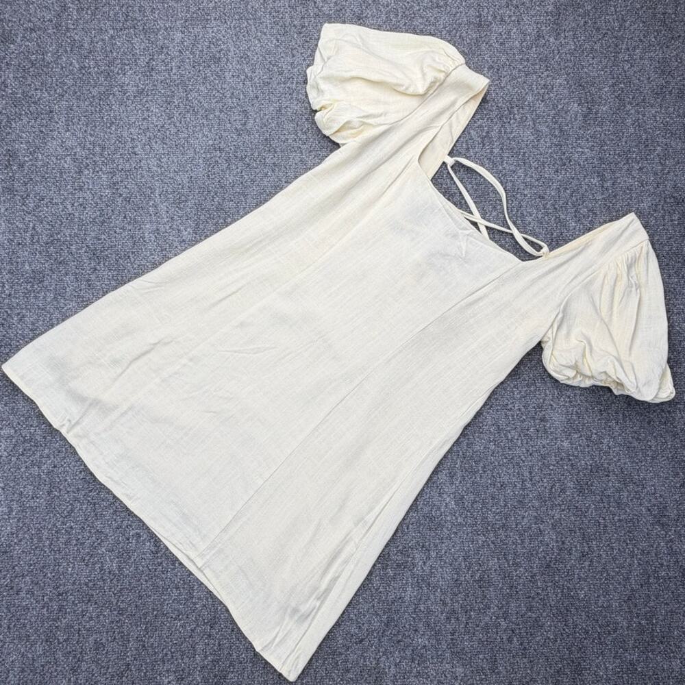 LILOU New Cream Cottagecore Puff Sleeve Lace-Up Mini Dress Womens Medium